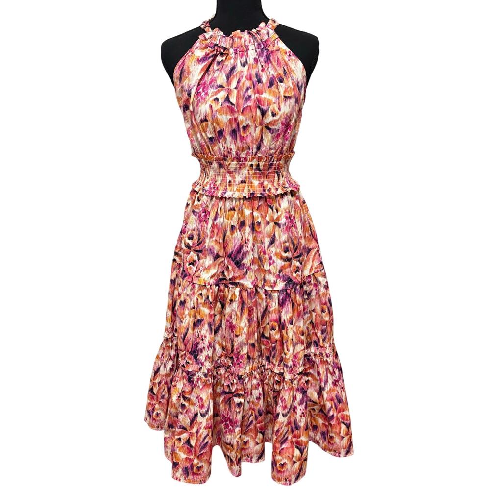 CeCe NWT Floral Halter Midi Dress Small Smocked Tiered Pink Orange Wedding Guest